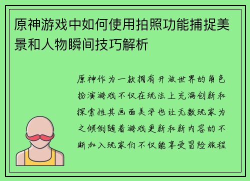 原神游戏中如何使用拍照功能捕捉美景和人物瞬间技巧解析